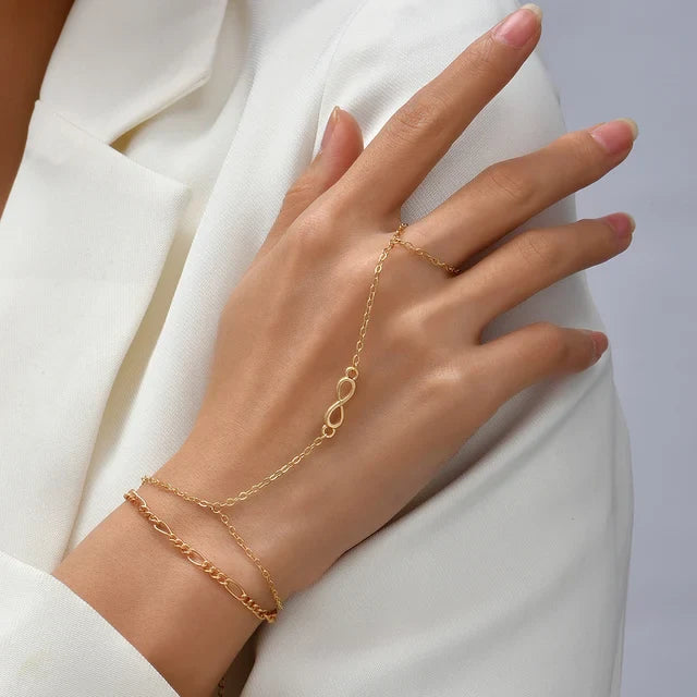Hand chain bracelet with ring for women, lightweight metal chain with wrist-to-finger silhouette