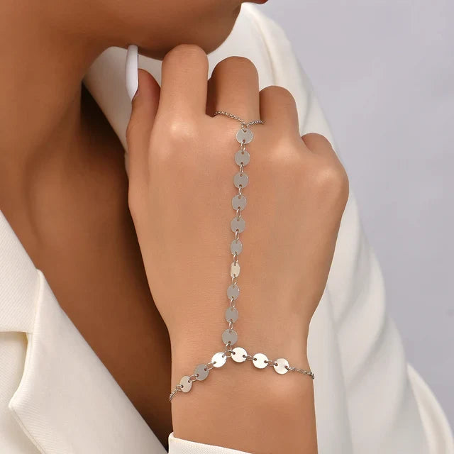 Women's hand chain bracelet with ring, slim linked metal chain and adjustable clasp for everyday wear