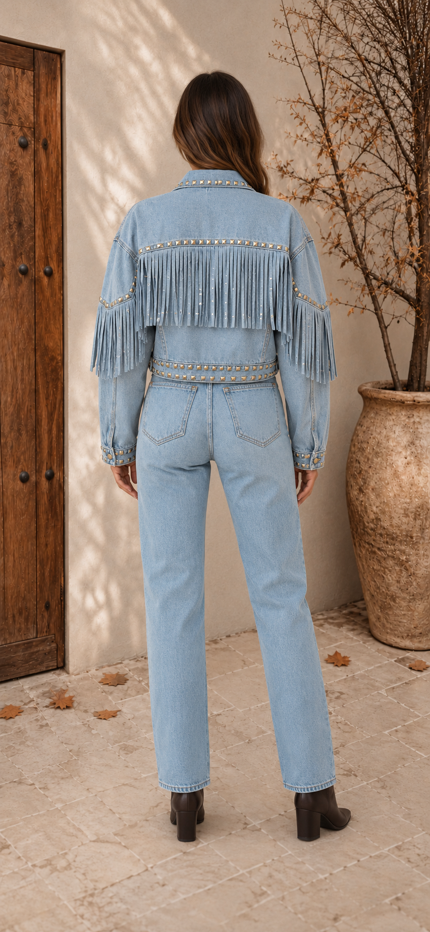 Light blue fringe denim jacket women back view