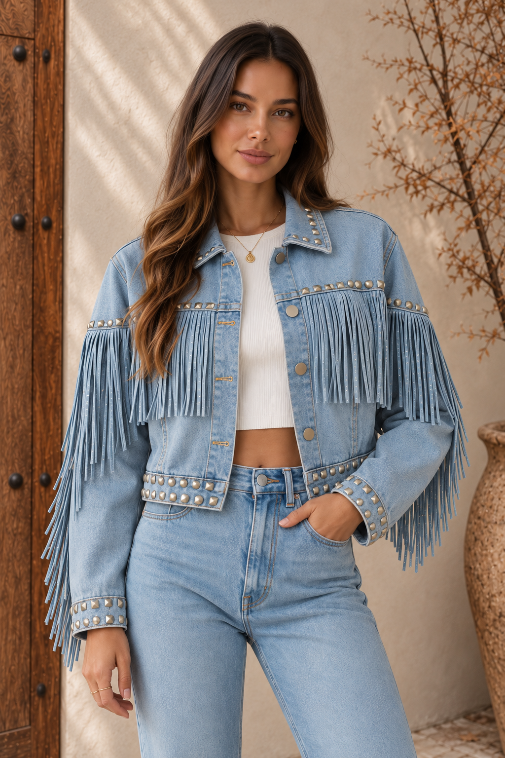 Light blue denim jacket with fringe and stud details