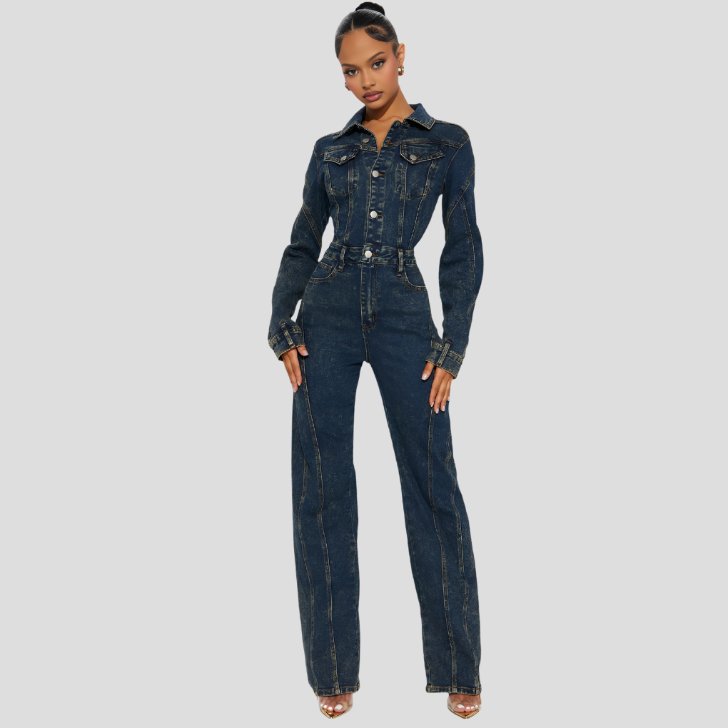 Wide-leg denim jumpsuit for women with structured silhouette, side profile view