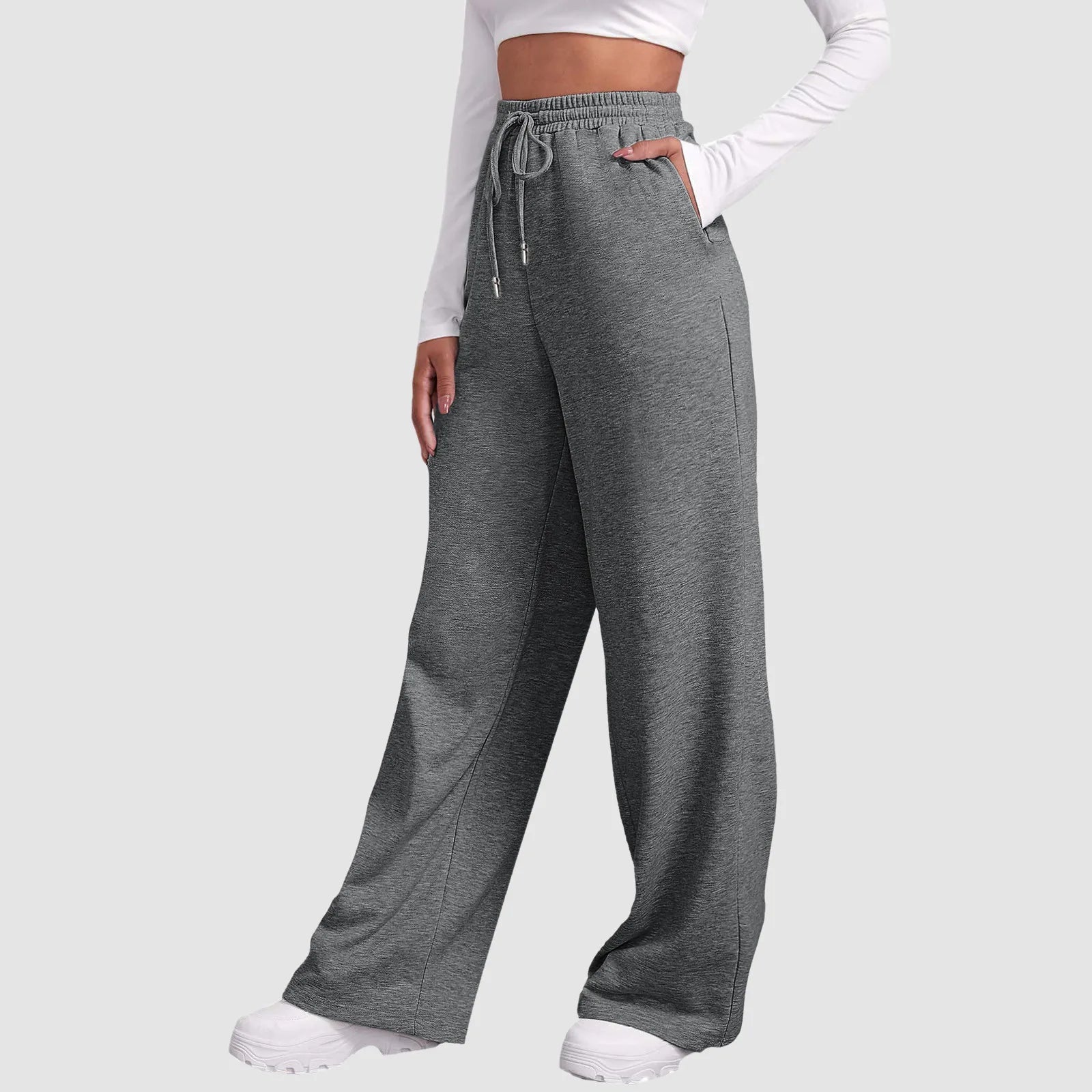 Women's straight-leg woven trousers with elastic waist and drawstring