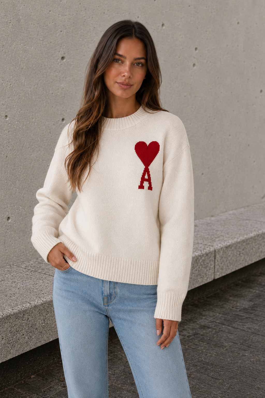 Women's white oversized sweater with heart and letter detail front view