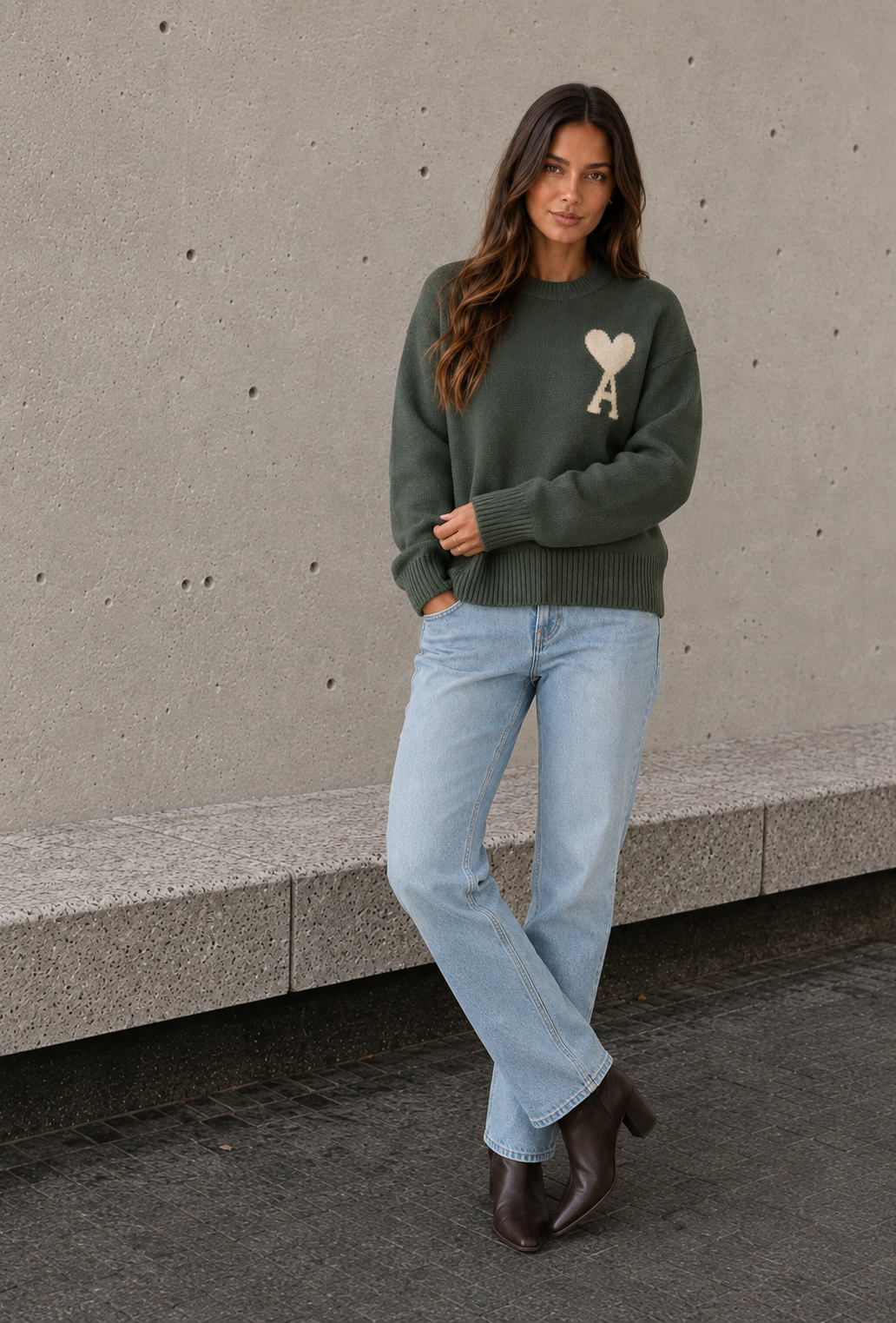 Women's green oversized sweater with heart and letter detail front view