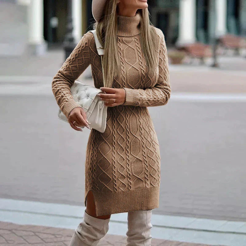 Women's cable-knit turtleneck dress with slim fit silhouette and long sleeves, front view