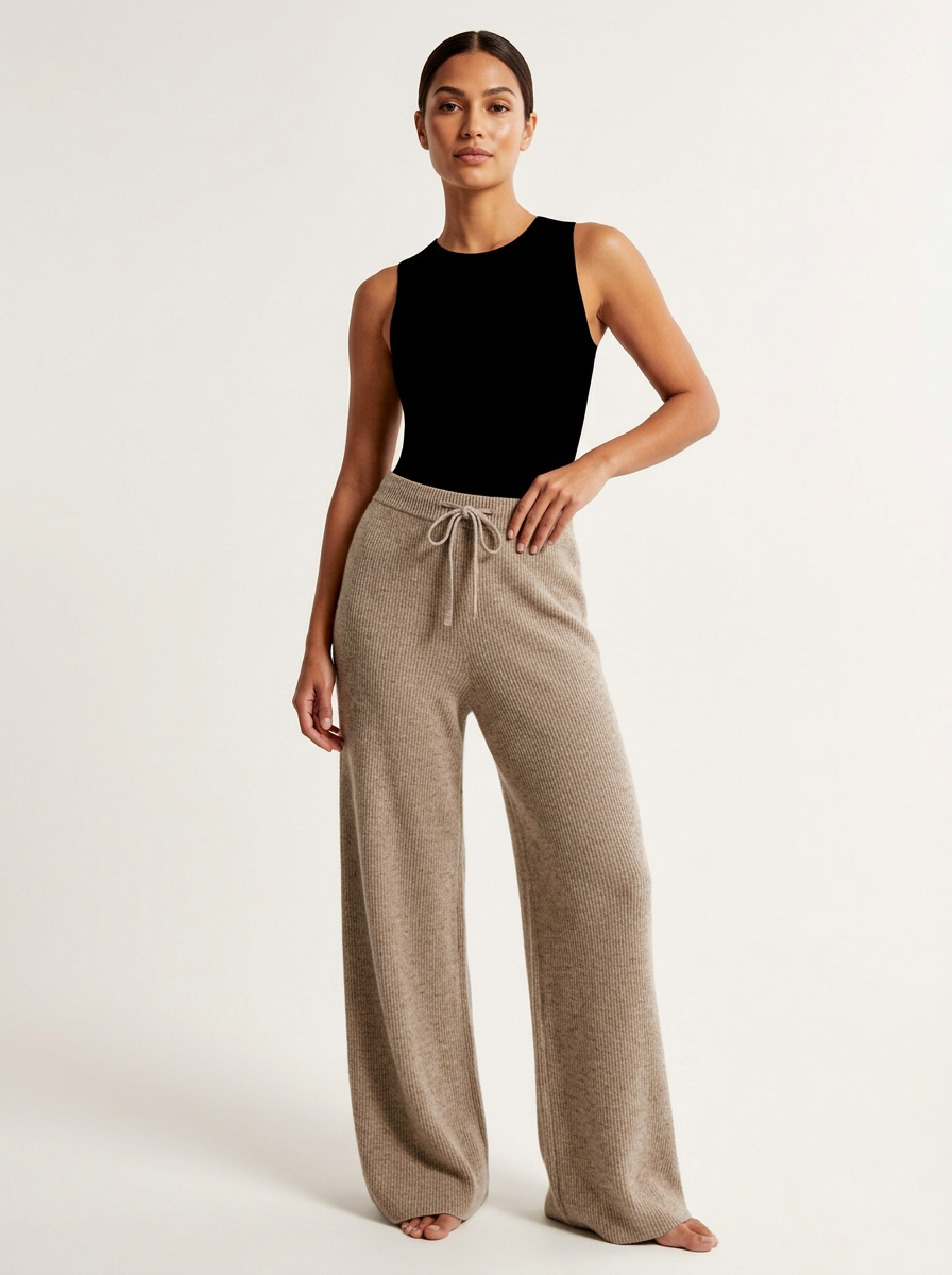Women's knitted wide-leg pants with elastic drawstring waist, full-length relaxed fit