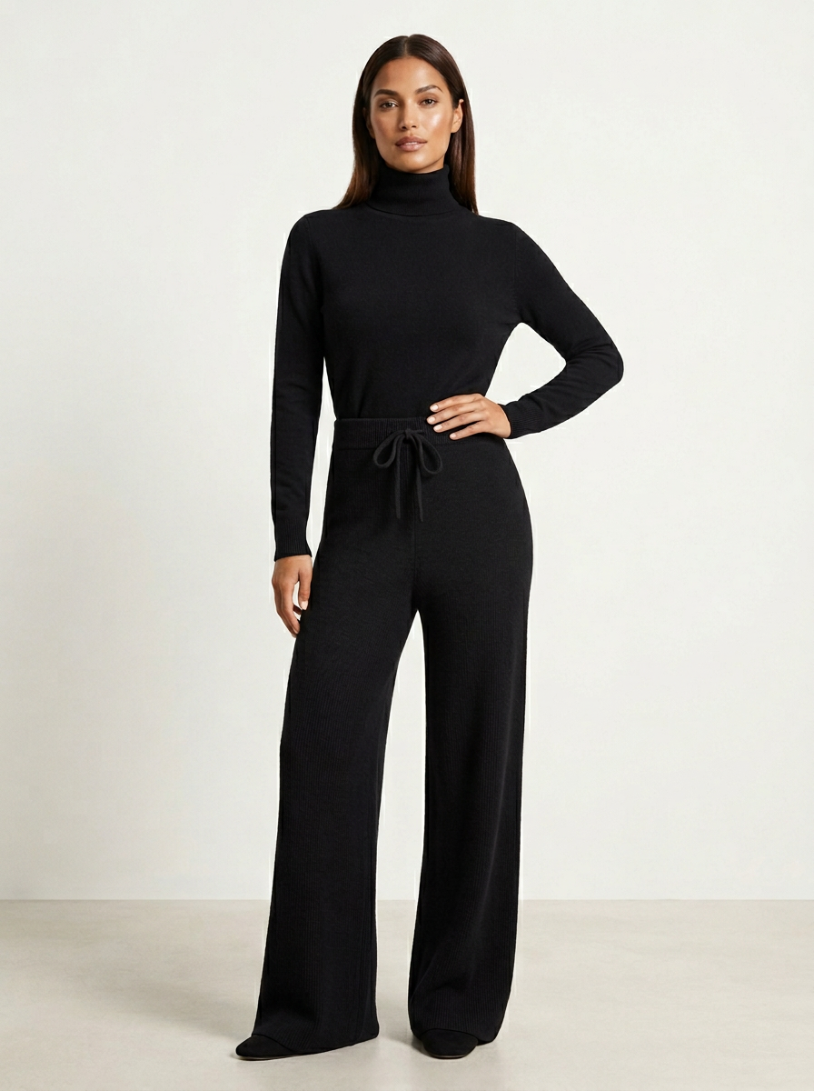 Women's knitted wide-leg trousers with elastic waist and drawstring, relaxed everyday fit