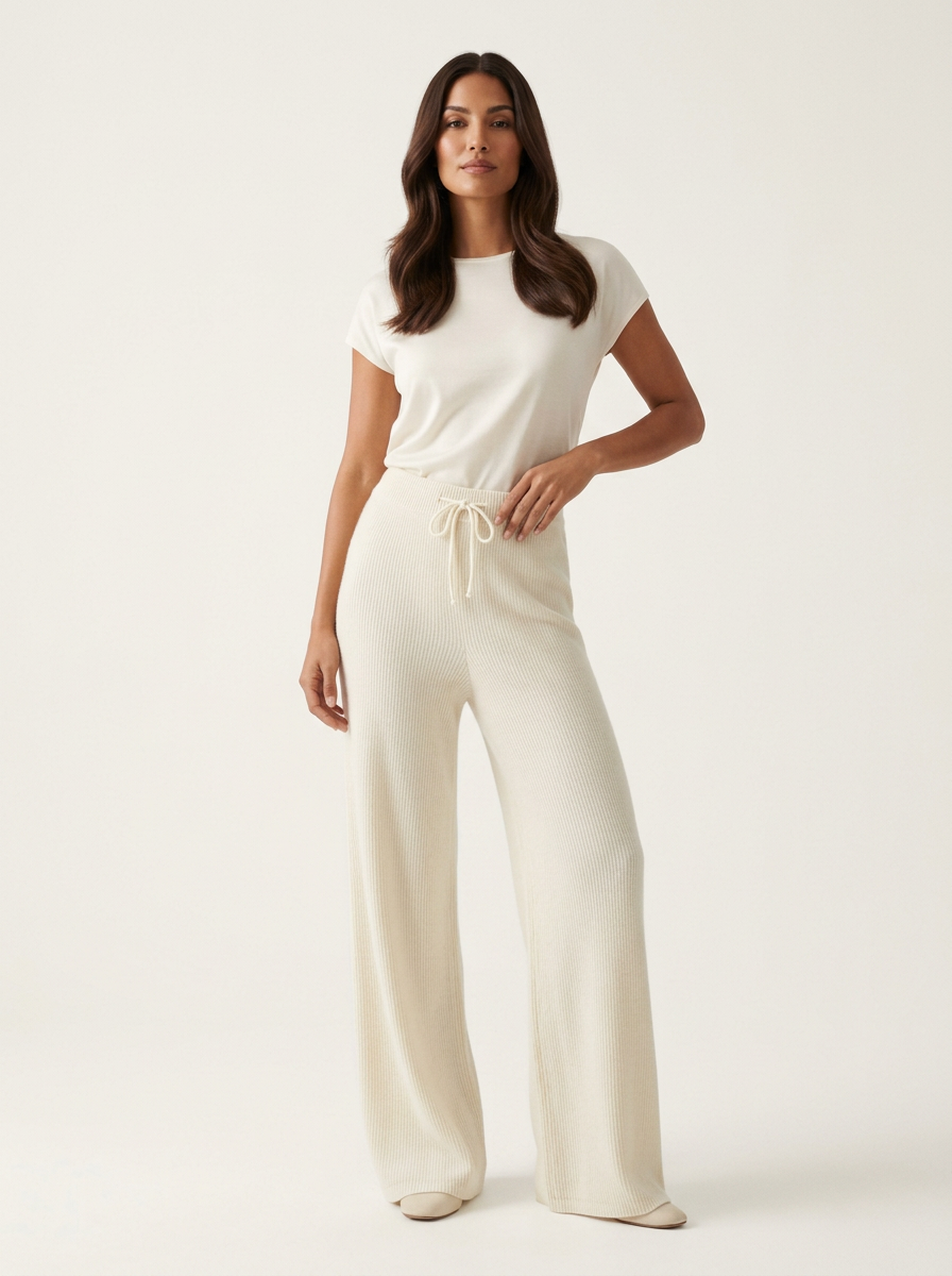 Women's soft knitted wide-leg pants with drawstring waistband, year-round relaxed silhouette