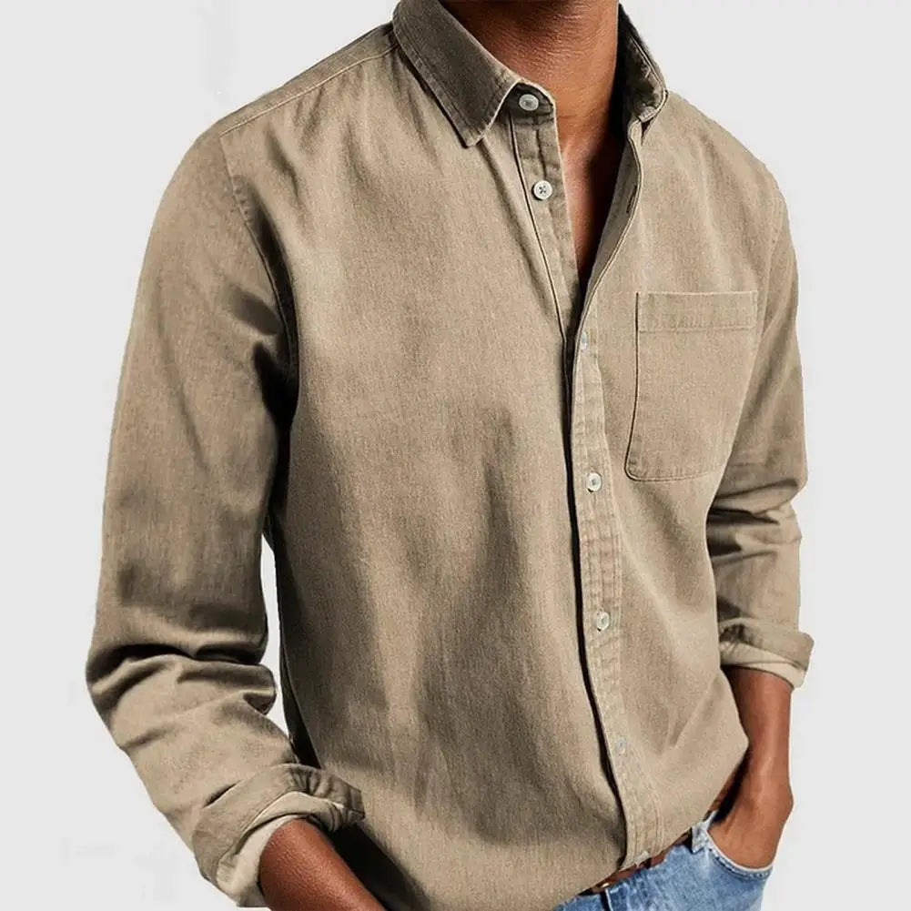 Men's long-sleeved linen-blend shirt with classic collar and front button placket