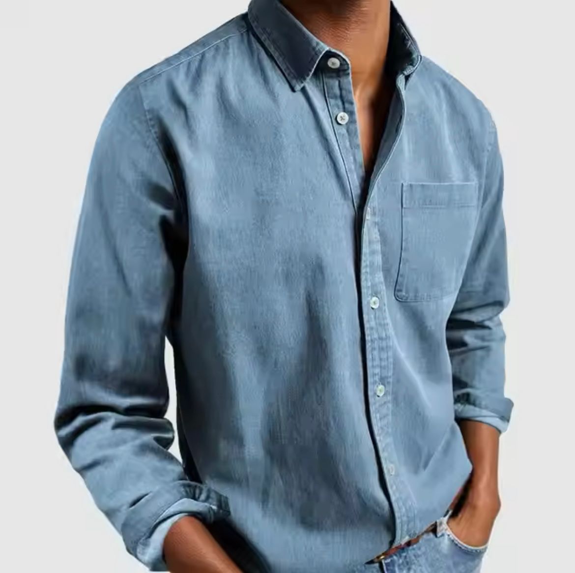 Men's linen-blend woven shirt with classic collar and long sleeves