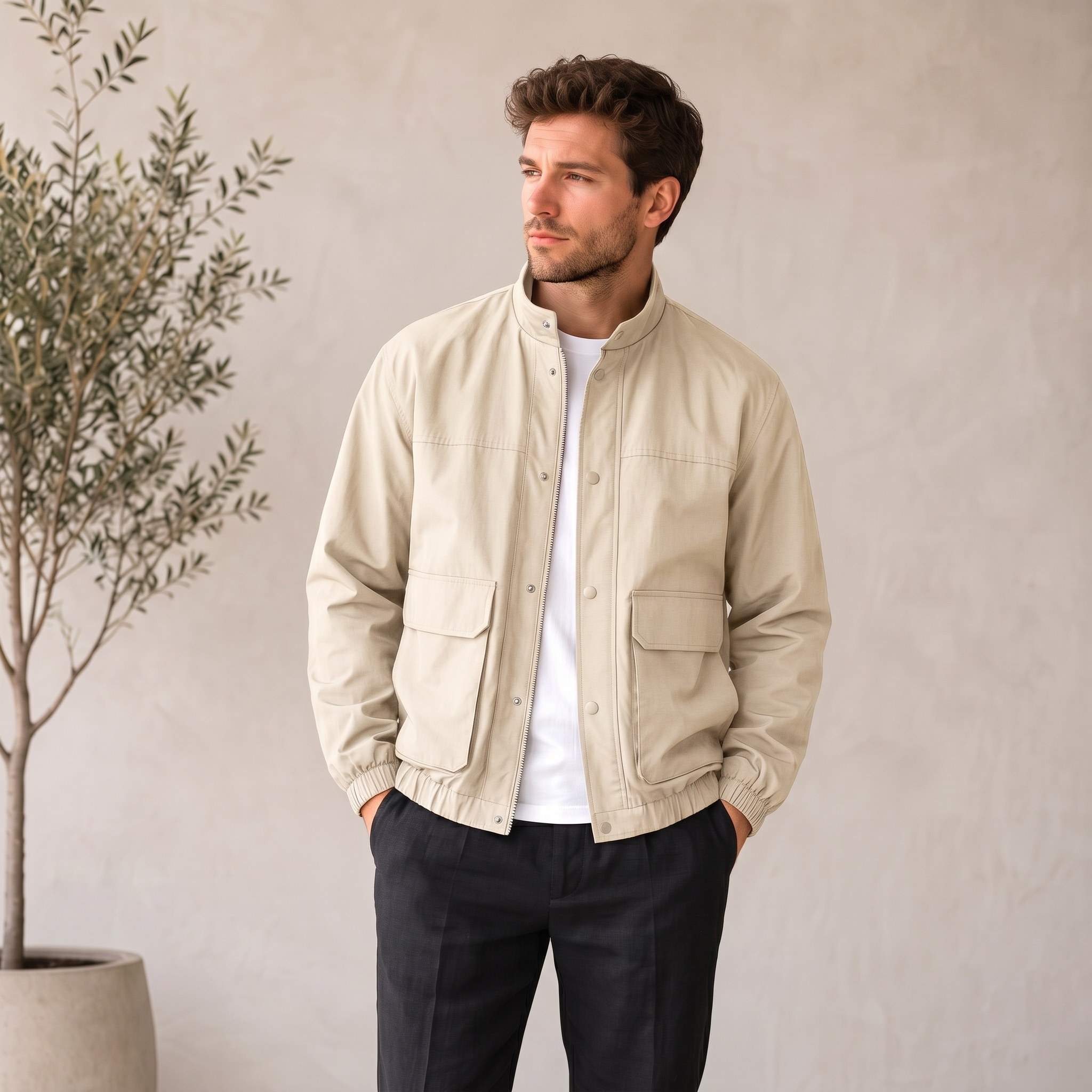 Men's relaxed-fit jacket with snap buttons and structured stand-up collar