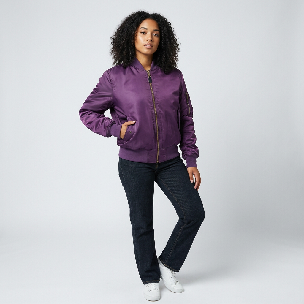 Women's structured bomber jacket with zippered utility pocket on the sleeve