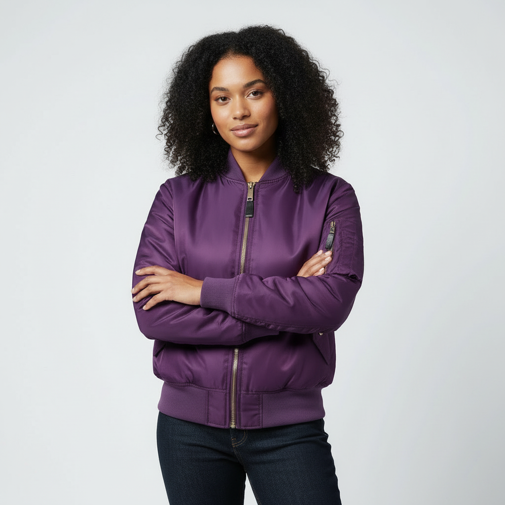 Women's bomber jacket with ribbed collar, ribbed cuffs, and clean seam construction