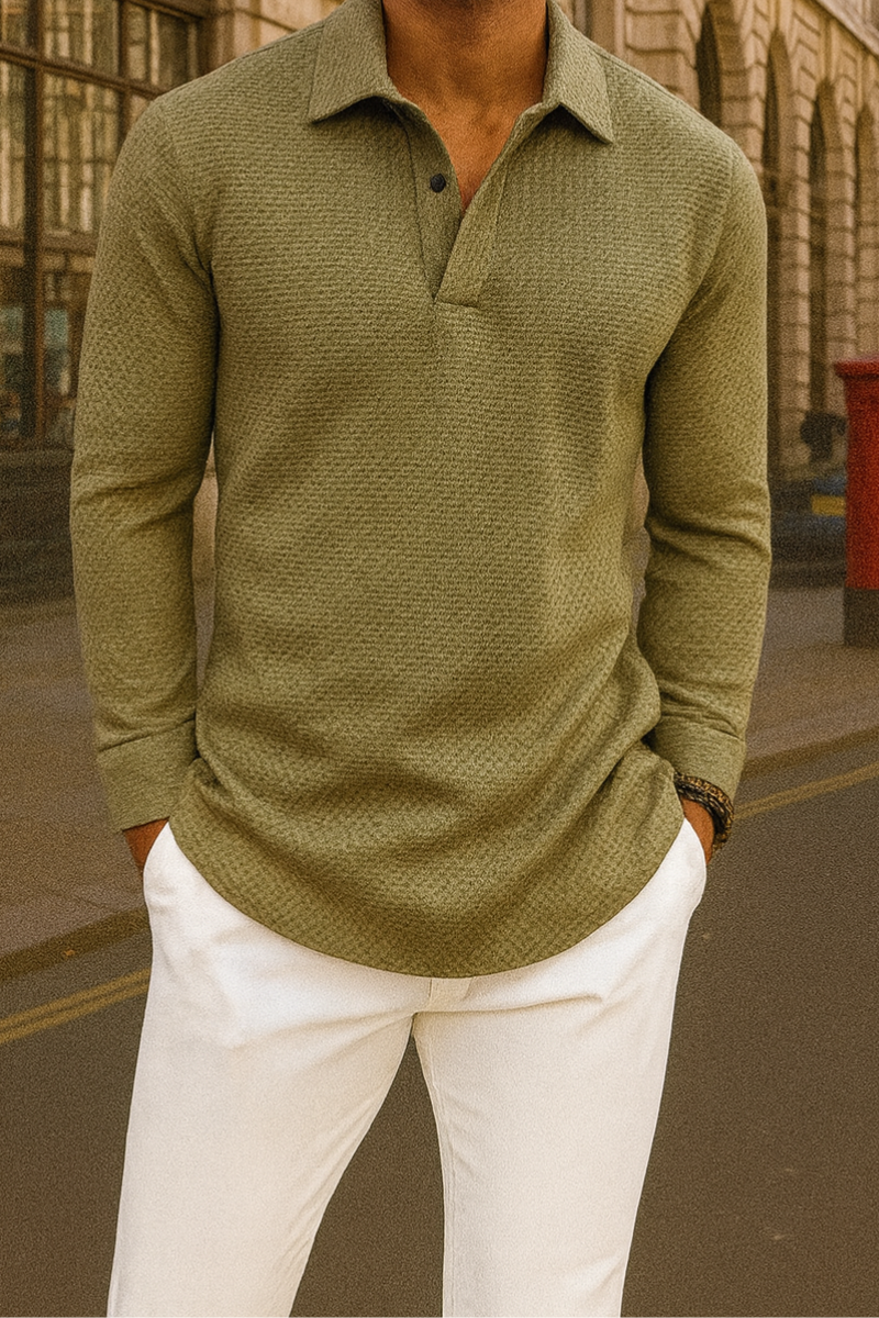 Men's long-sleeved polo shirt with textured cotton-blend fabric and polo collar