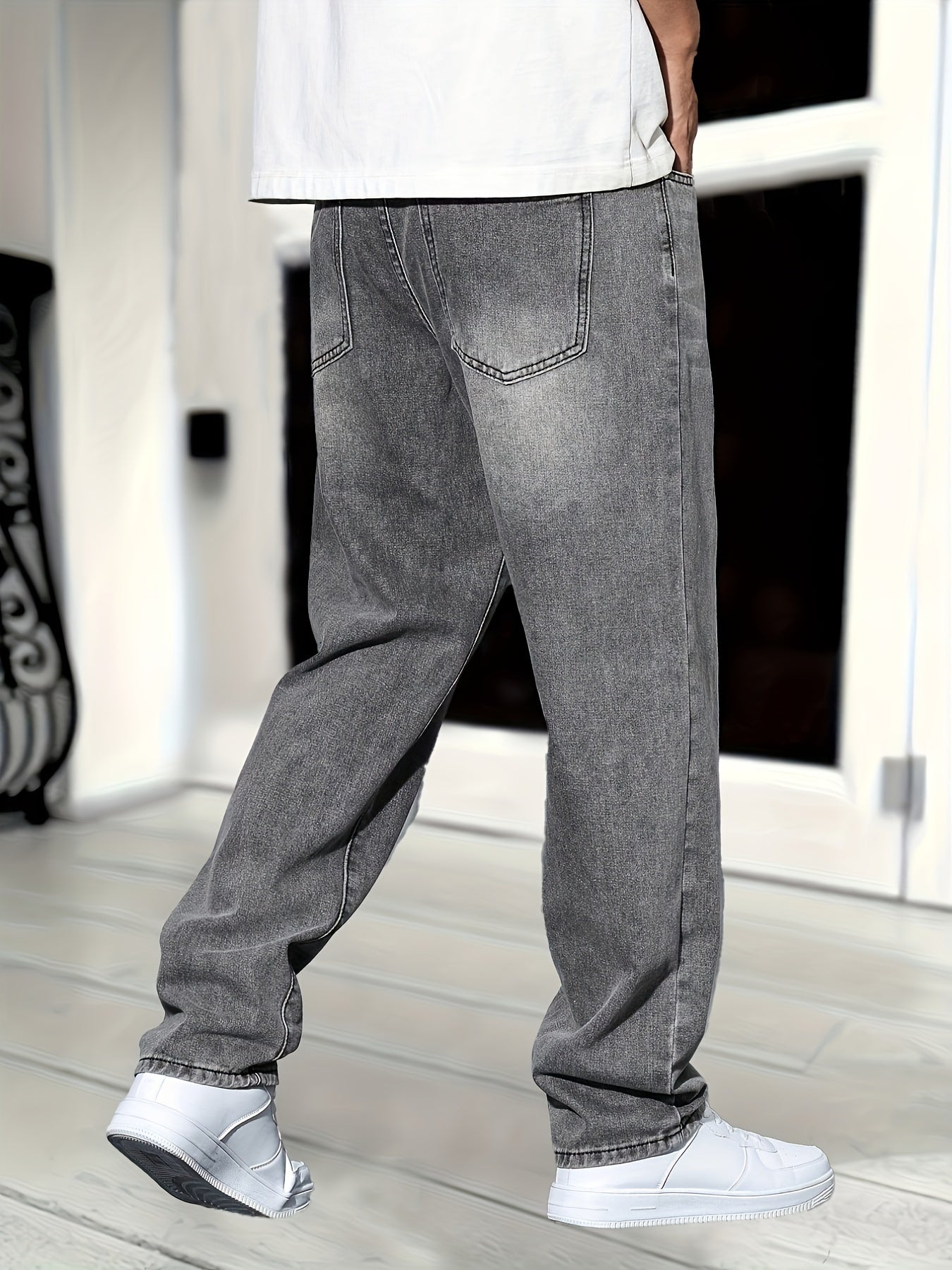 Grey relaxed denim jeans for men – back view