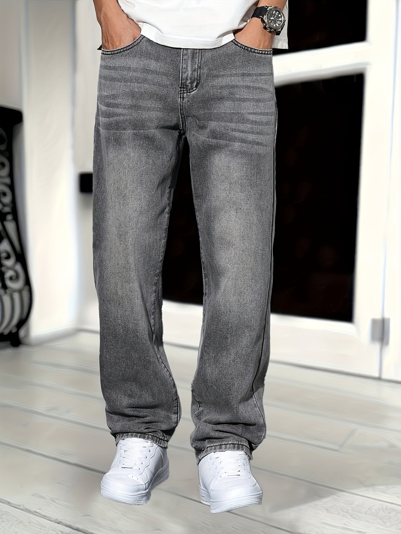 Men's grey straight-leg denim jeans – side profile