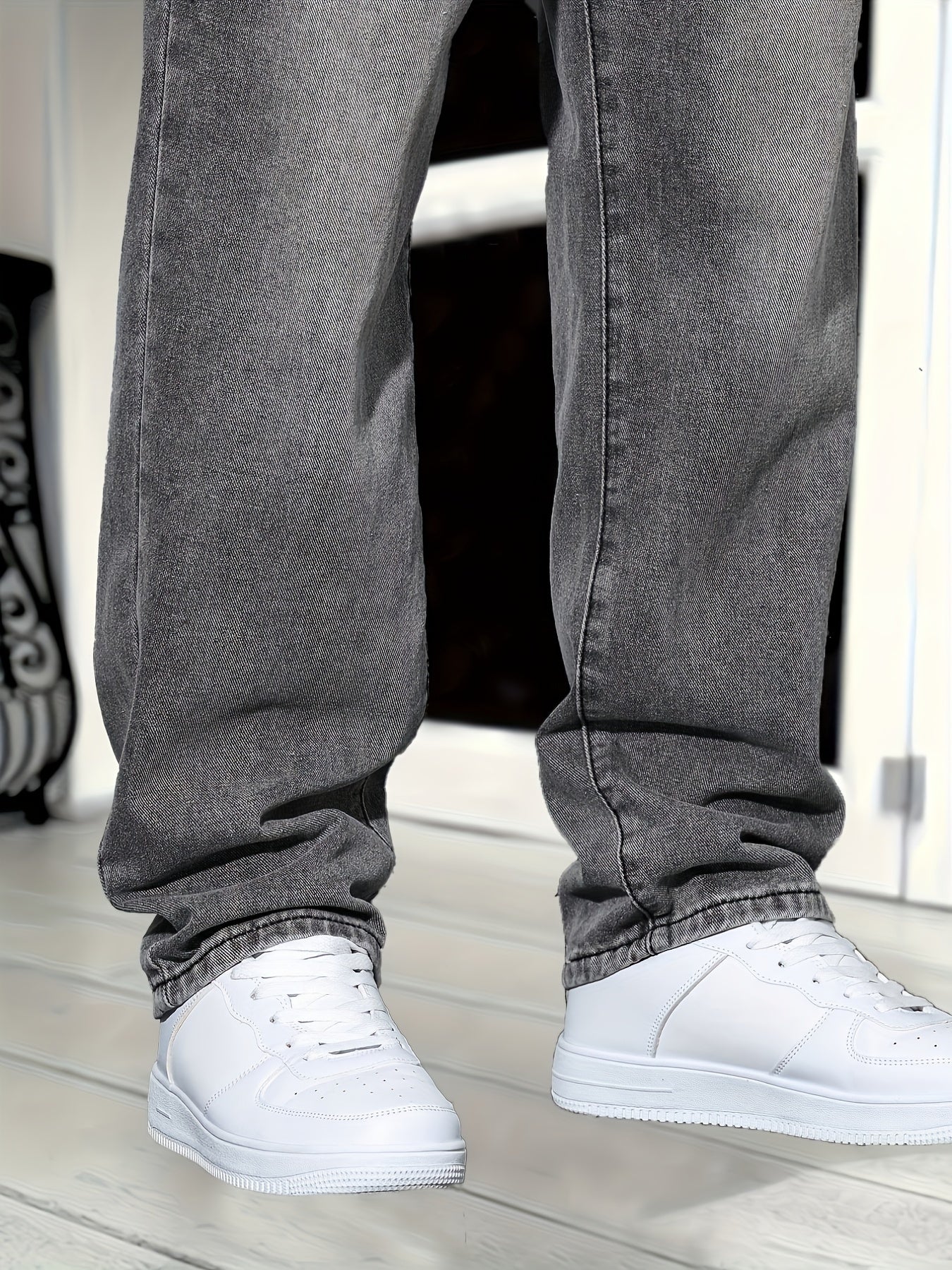 Men's grey cotton denim jeans – full length front view
