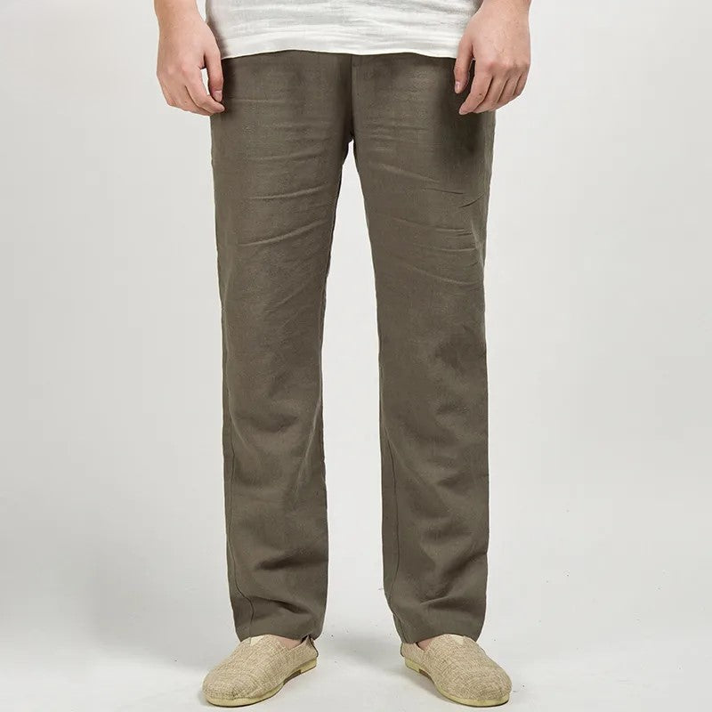 Lightweight linen trousers for men with straight-leg cut, side pockets, and breathable fabric detail