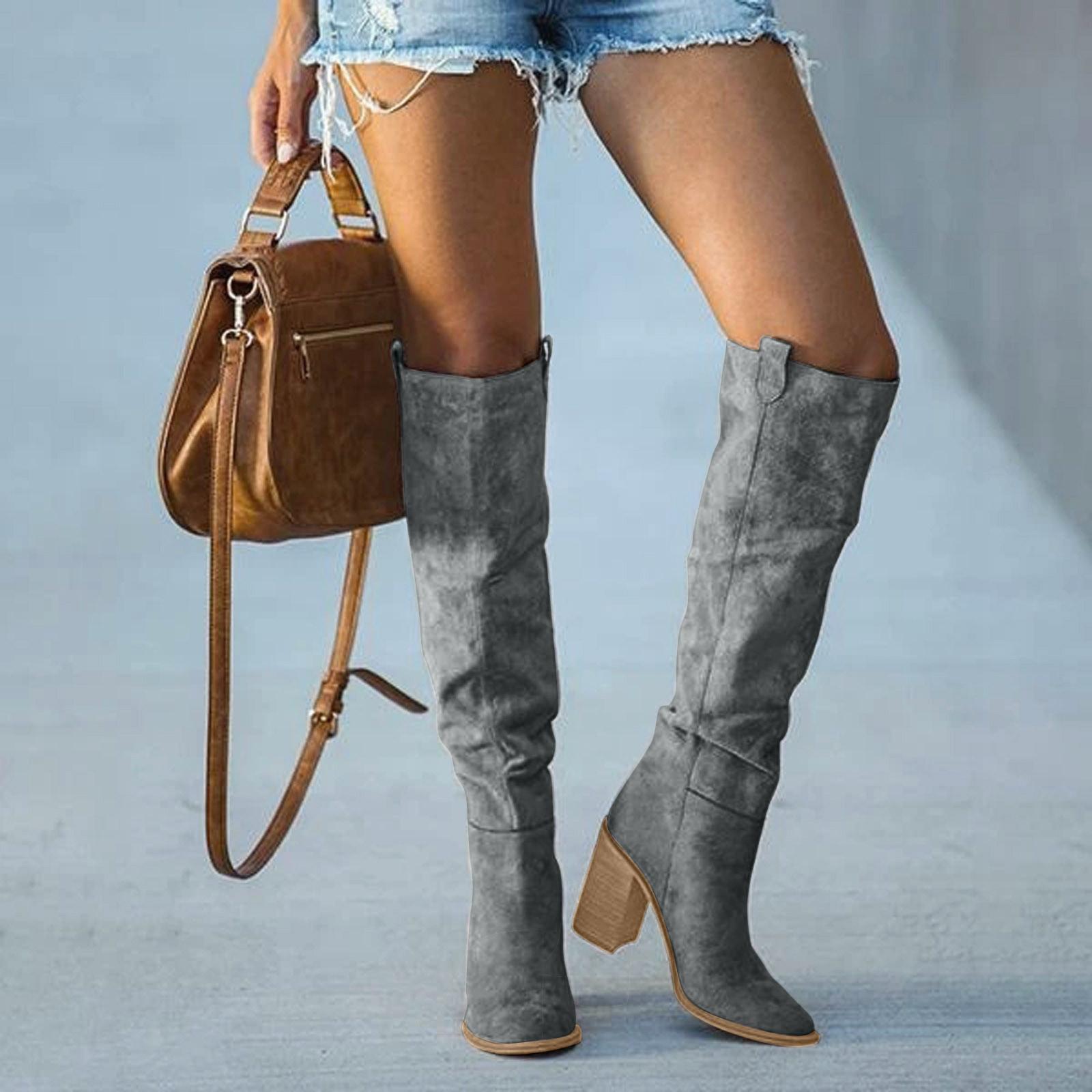 Knee-high heeled boots for women, three-quarter angle view showing shaft height