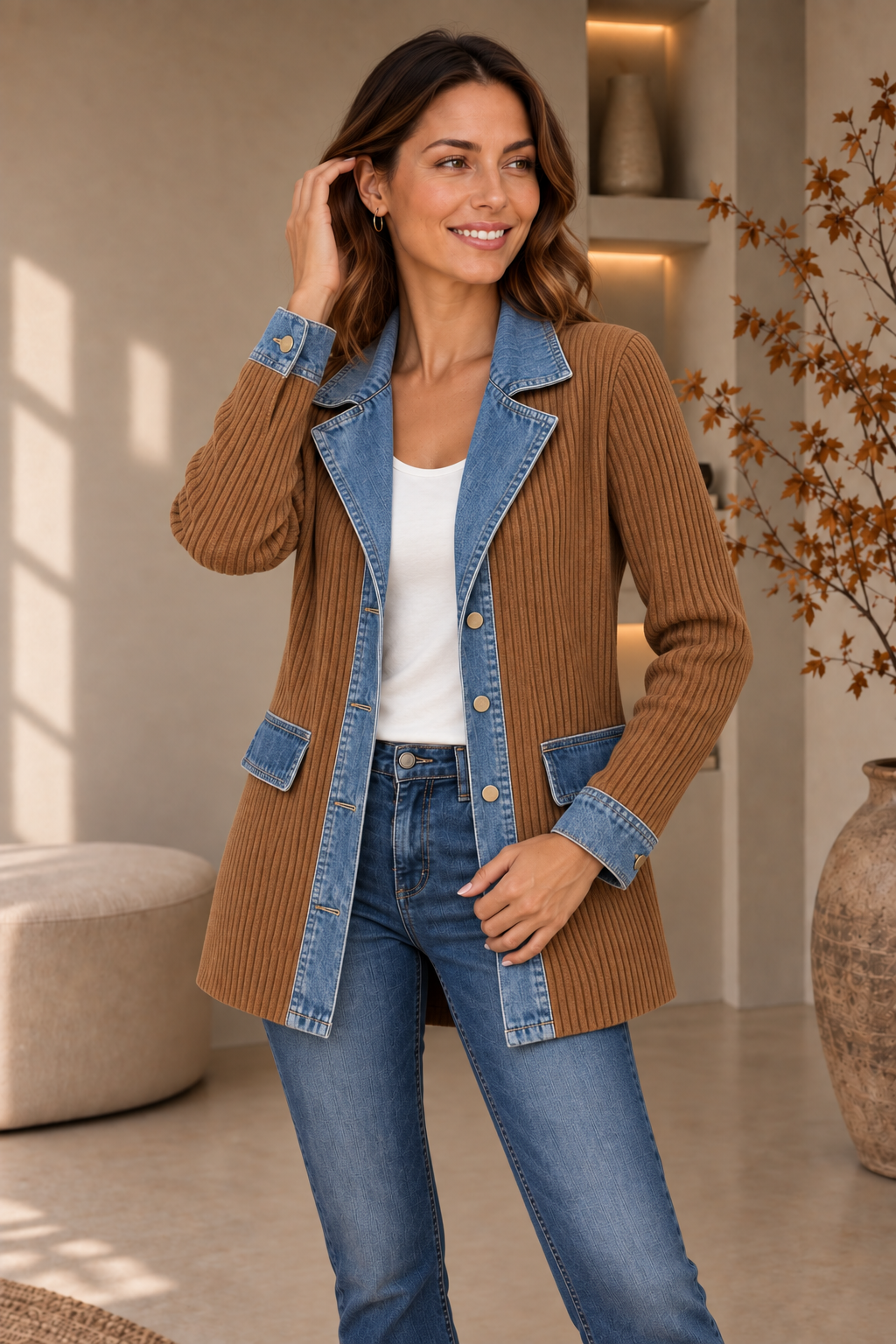 Brown knitted denim blazer longline women