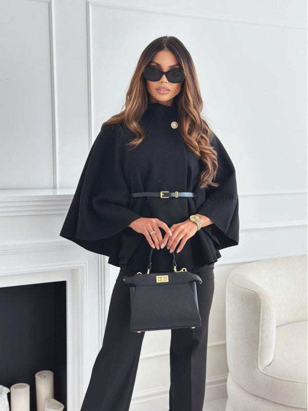 Women's pull-over knit top with high collar, wide sleeves, and detachable waist belt