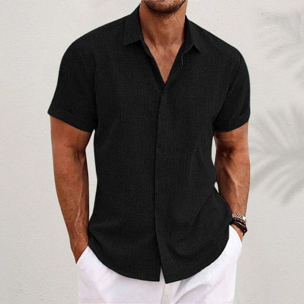 Men's short-sleeve button-up shirt featuring a straight hem, classic collar, and front button closure