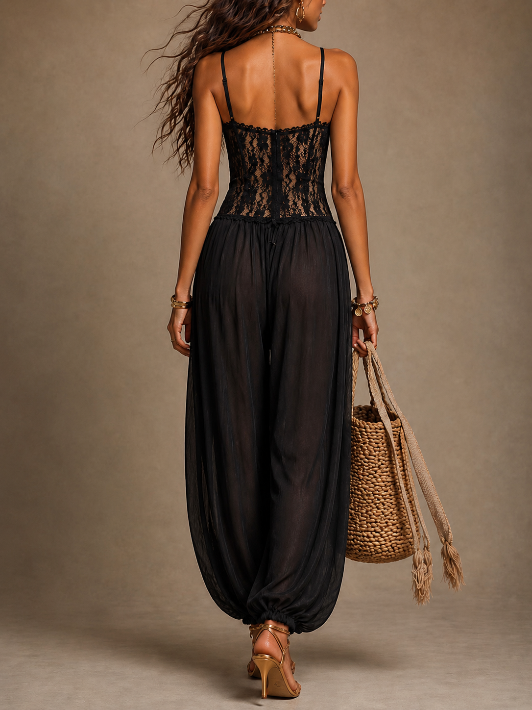 Women's Lace Halter Wide Leg Jumpsuit
