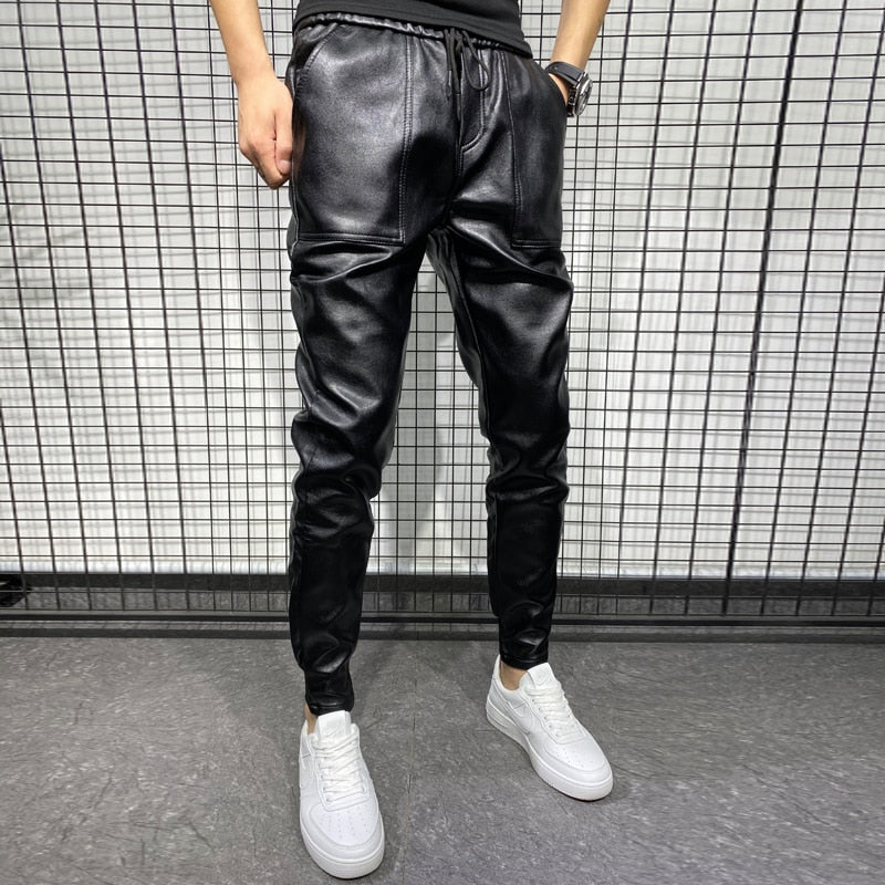 Men's faux leather joggers full-length tapered leg with side pocket detail