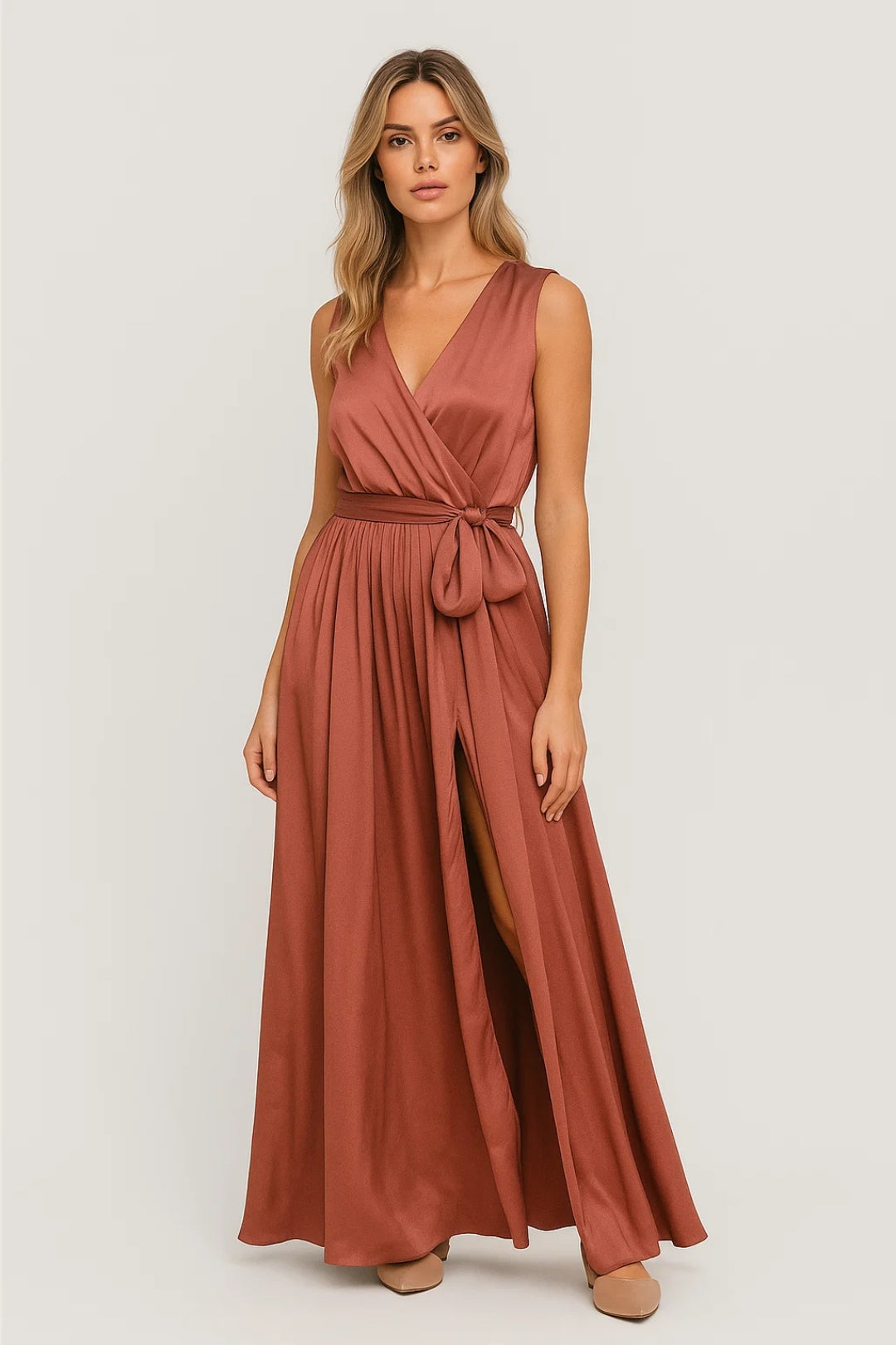 Women's wrap maxi dress with V-neck and adjustable tie-waist