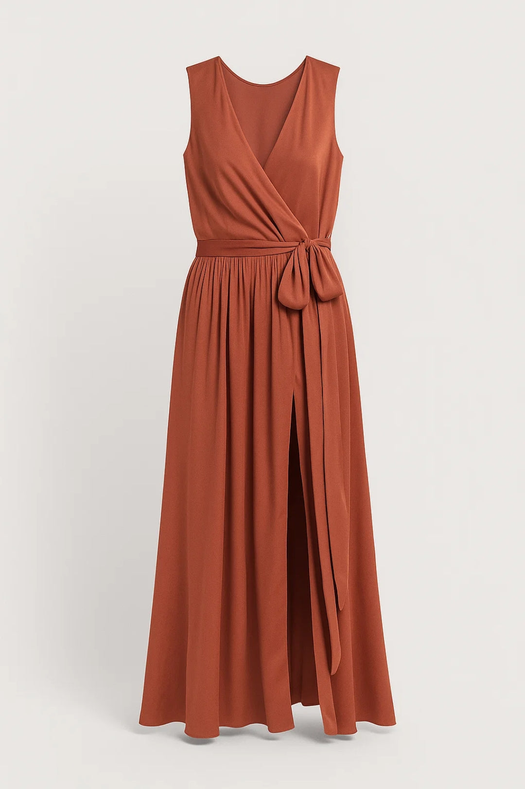 Tie-waist wrap dress with gathered waist and maxi-length drape