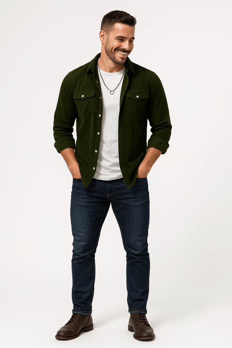 Men's relaxed overshirt with long sleeves and button front, worn as a casual layer