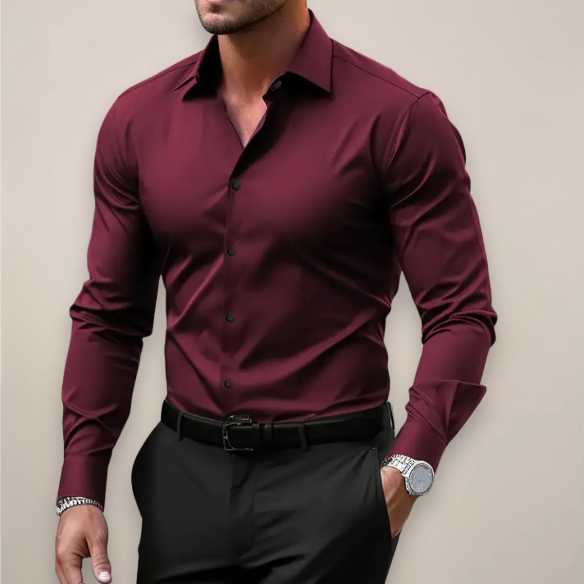 Men's long sleeve dress shirt with buttoned cuffs and structured fit