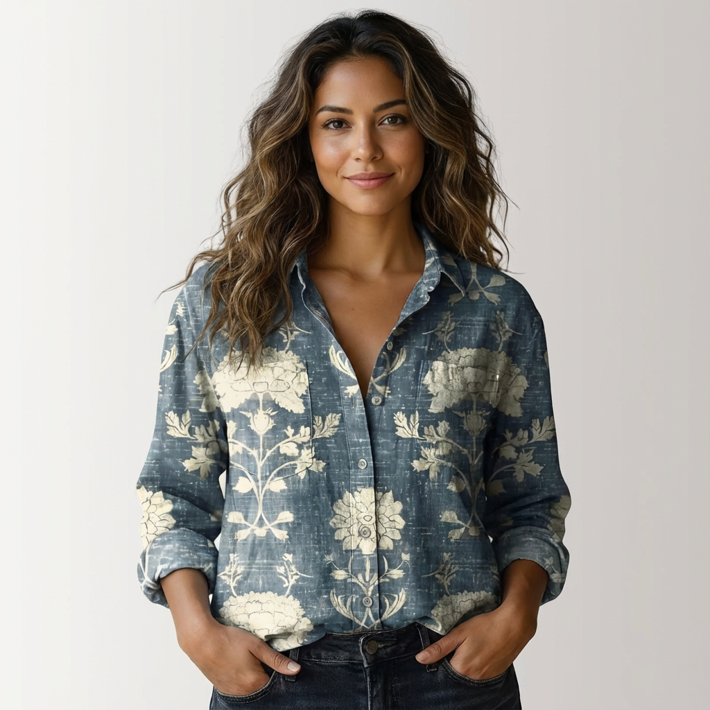 Women's woven shirt with front button closure and patterned upper section