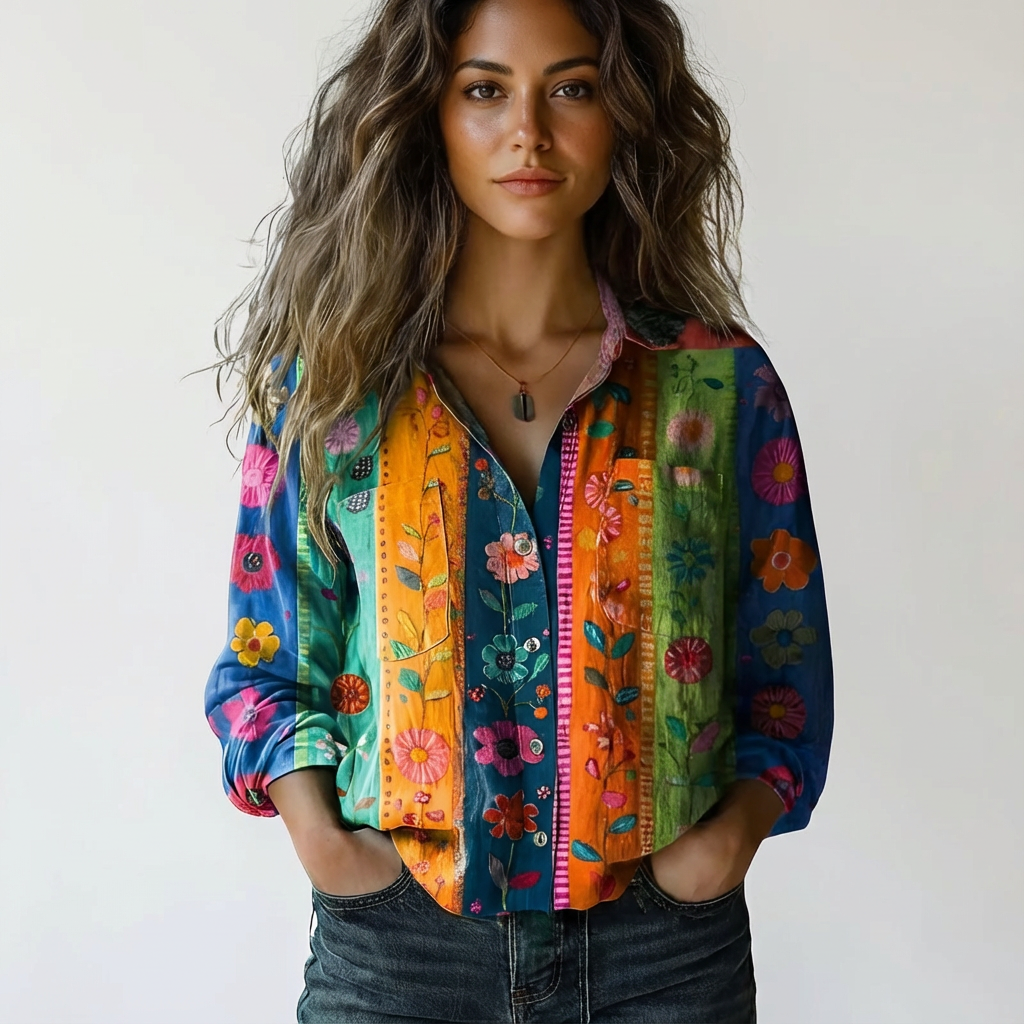 Women's patterned button-up shirt with long sleeves and clean seam finish