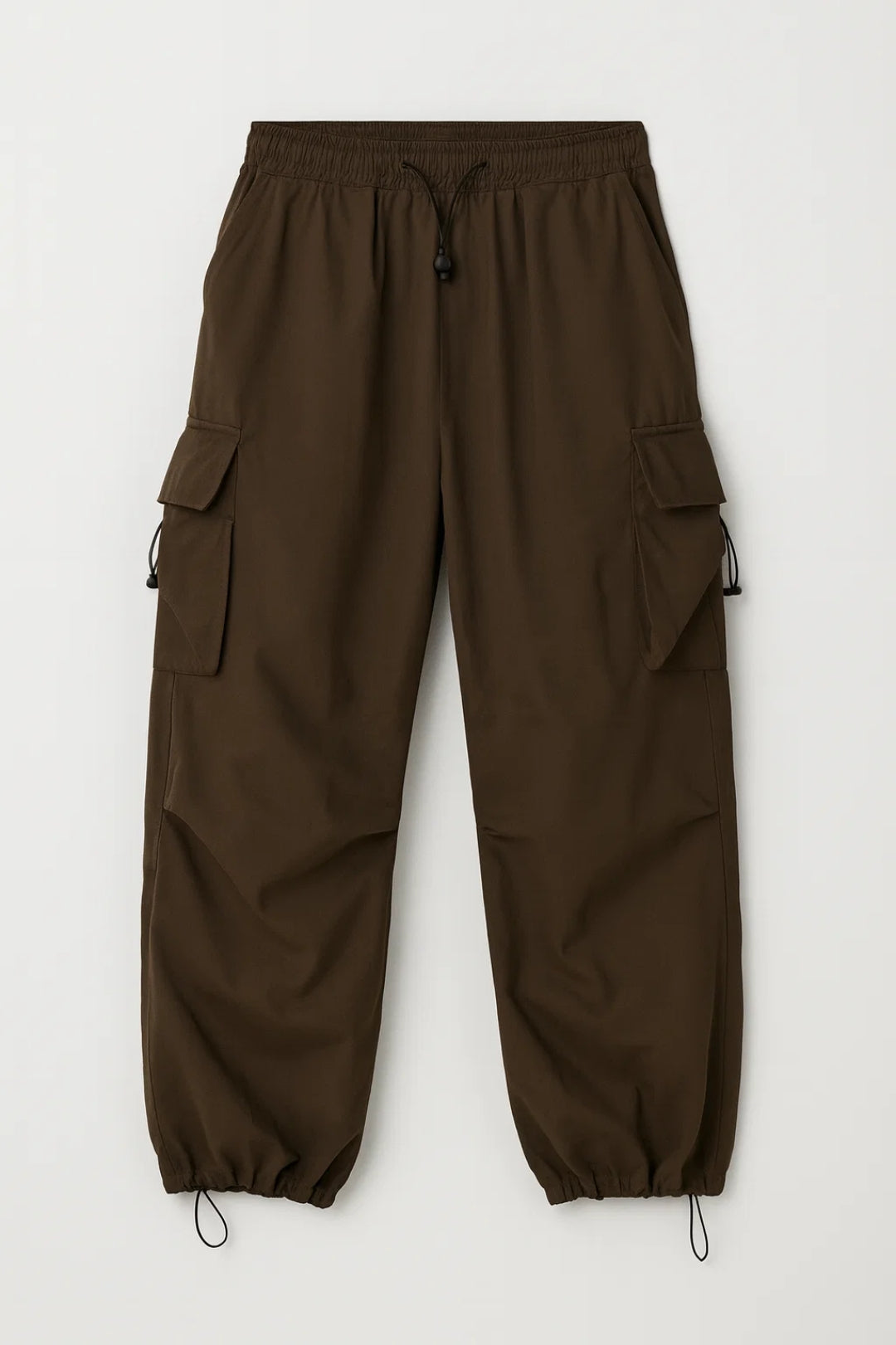 Men's casual cargo pants featuring wide-leg relaxed fit and elastic leg cuffs with drawstring