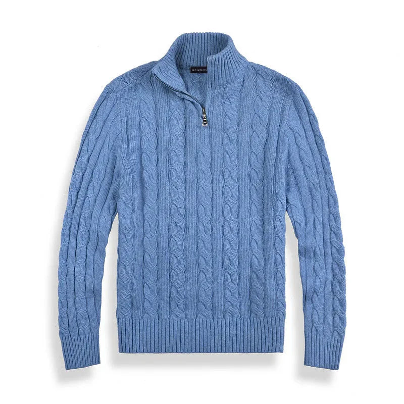 Men's structured cable-knit pullover with quarter-zip, layered styling