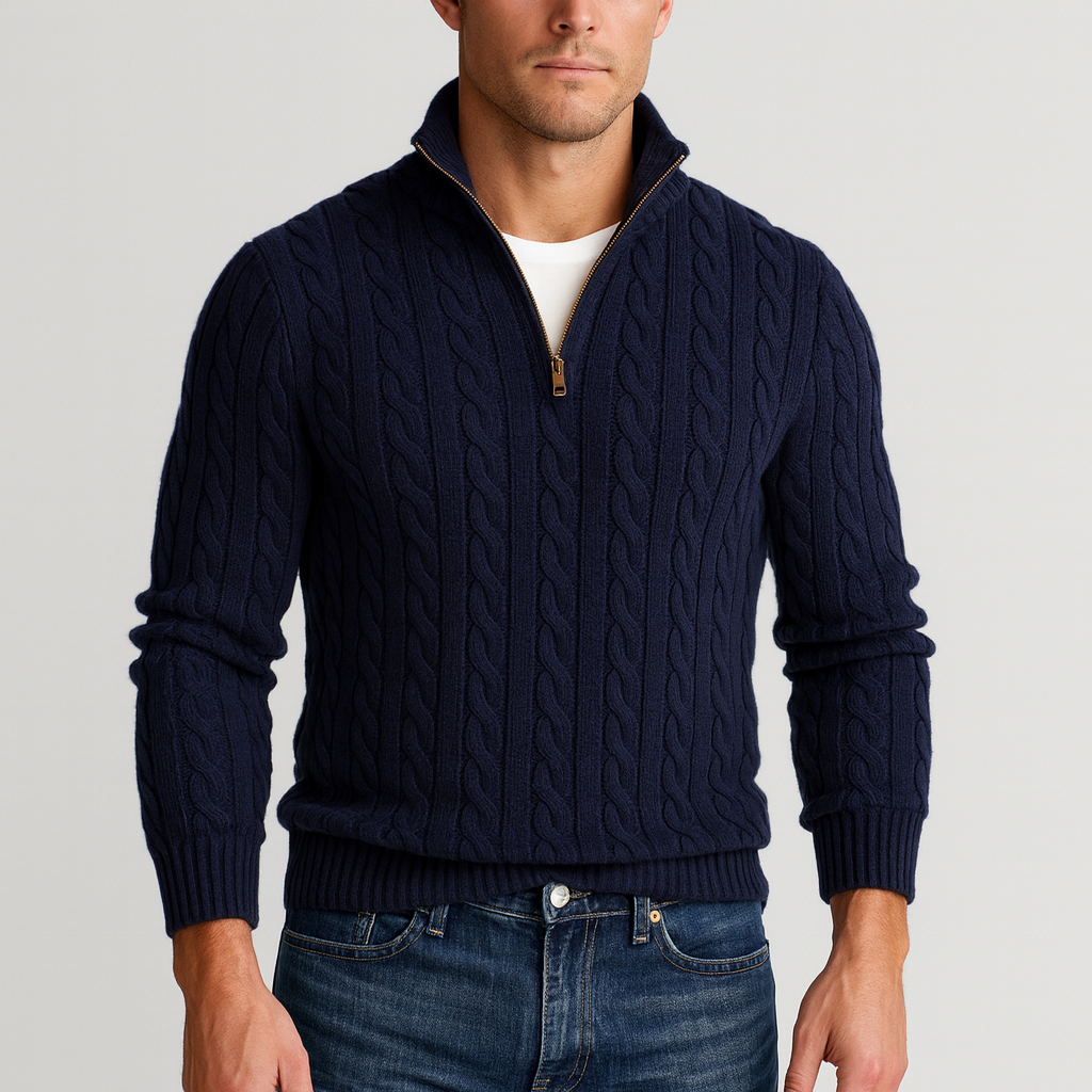 Cable-knit men's sweater with raised stand collar and quarter-zip, upper body detail