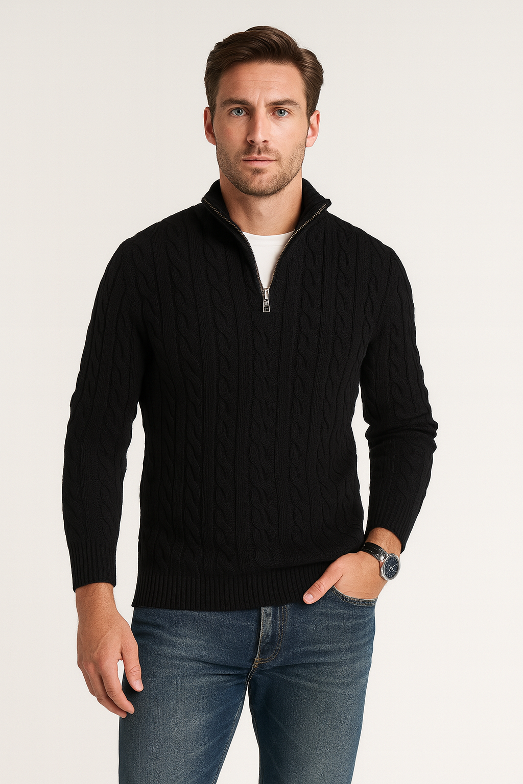 Men's cable-knit quarter-zip sweater in a dark tone with stand-up collar