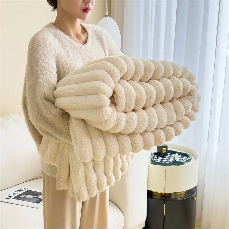 Soft chunky plush blanket with ribbed texture for sofa and bed