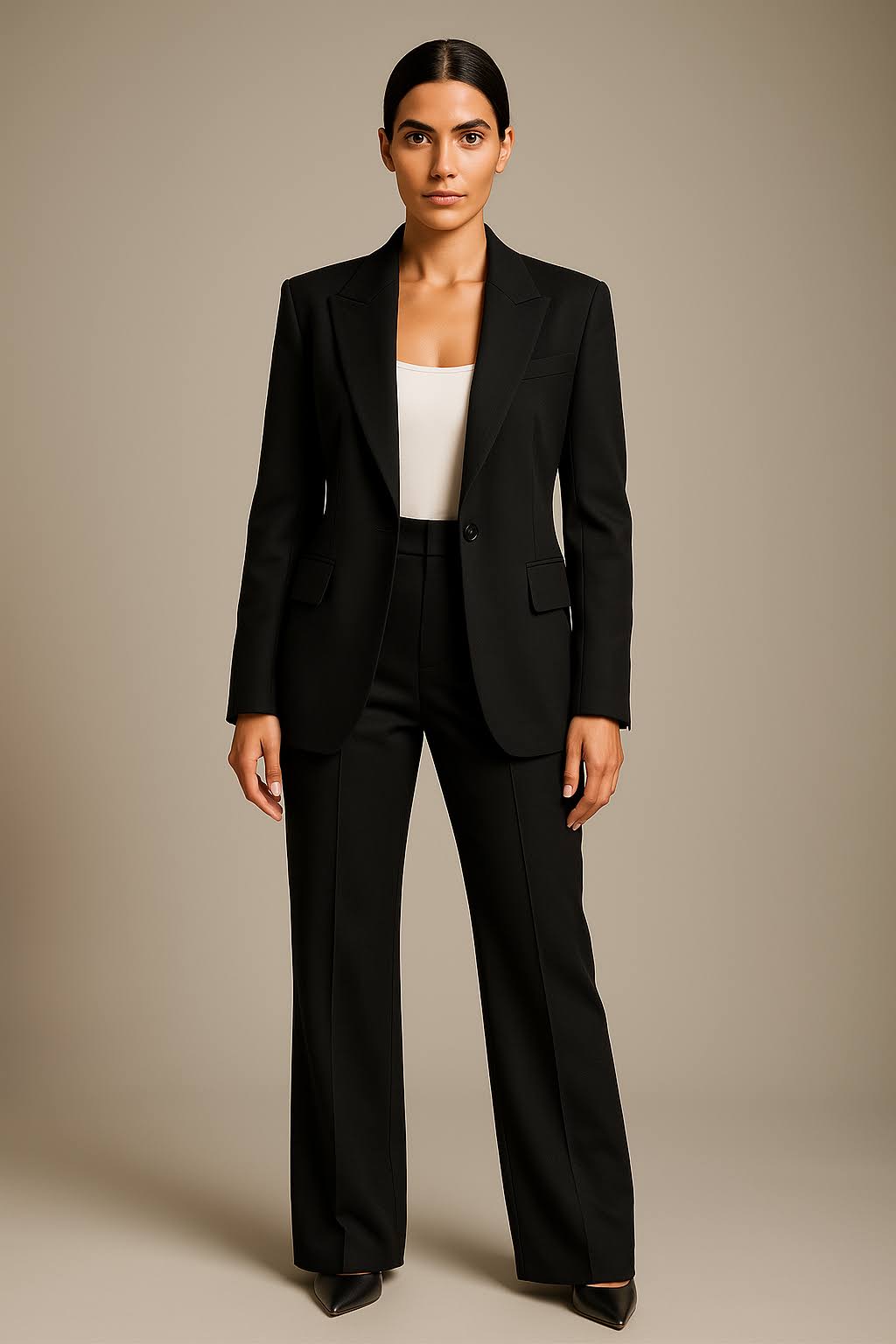 Women's tailored two-piece suit with single-breasted blazer and full-length trousers