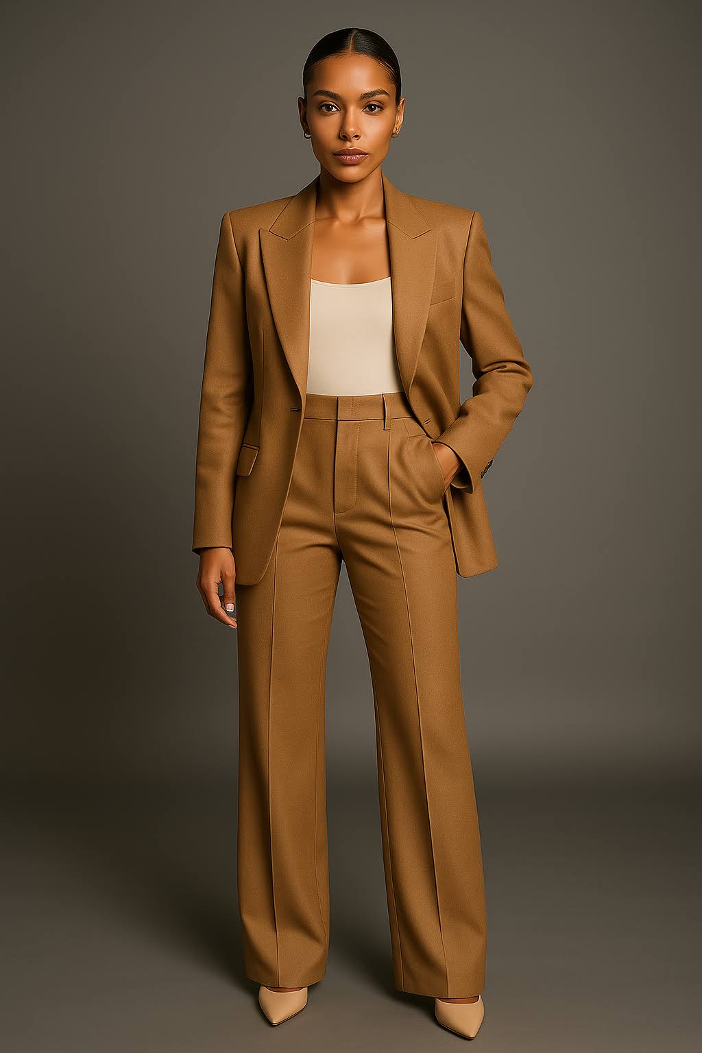 Women's tailored suit set featuring a fitted blazer with front flap pockets and matching trousers