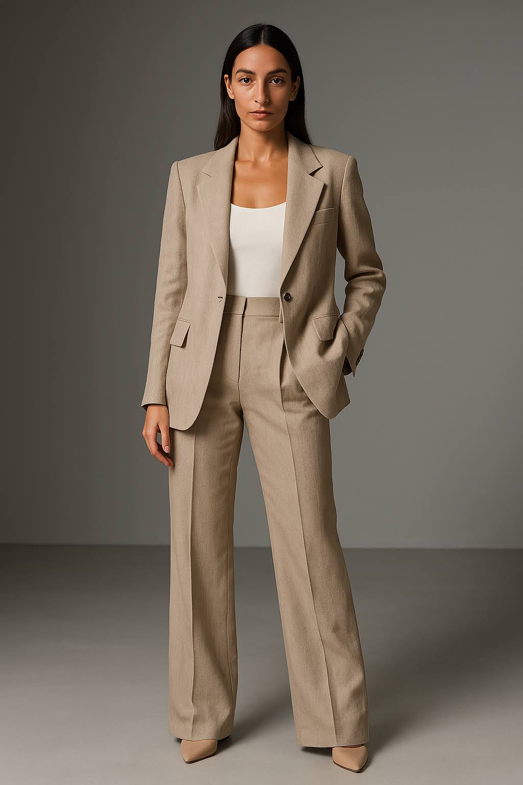 Classic women's two-piece tailored suit with structured blazer and straight-cut trousers