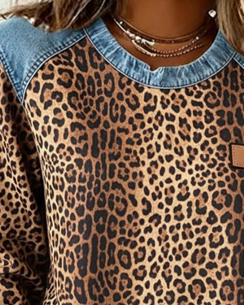 Leopard print woven top with denim shoulder and hem details for women