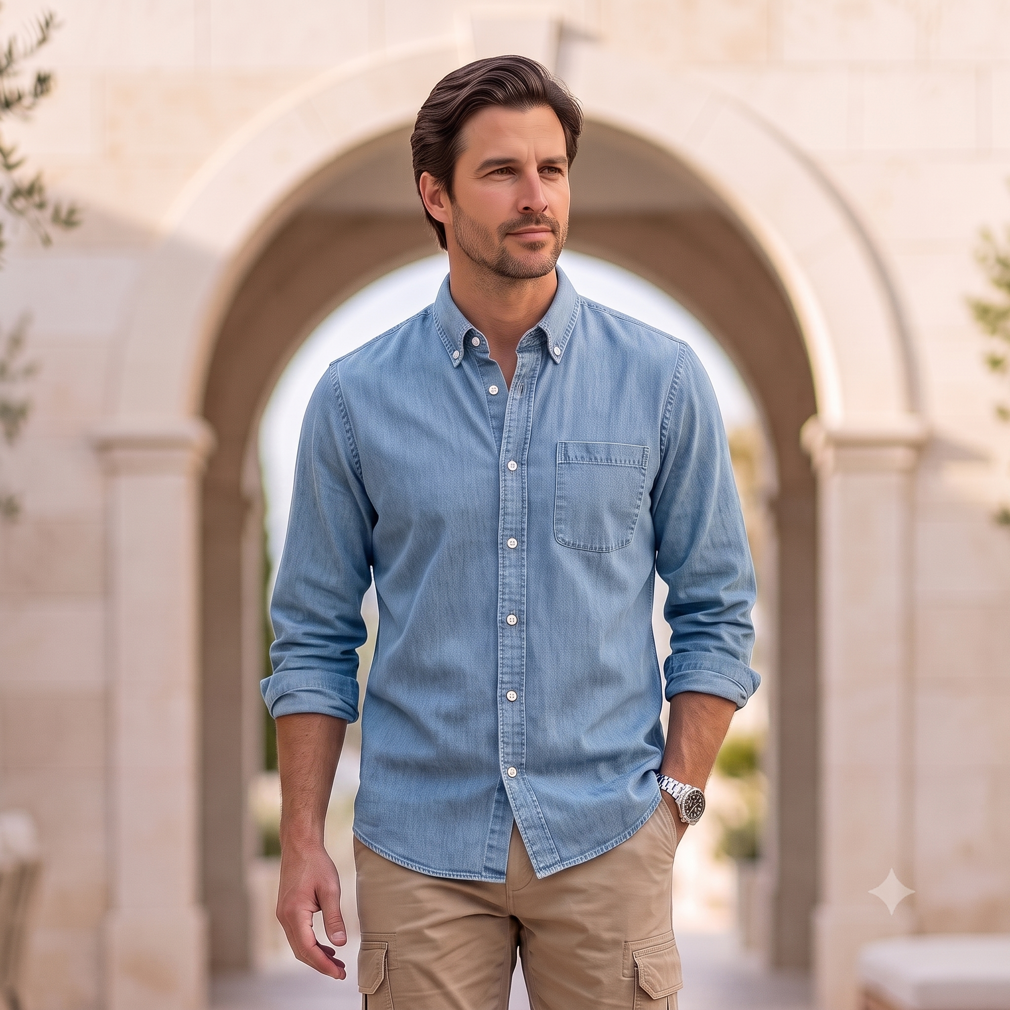 Men's long-sleeve denim shirt with classic collar, button cuffs, and a chest pocket