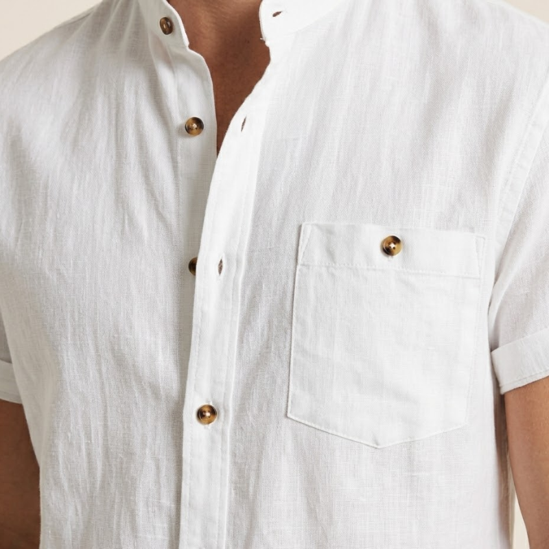 Men's lightweight woven button-up shirt with stand collar and short sleeves