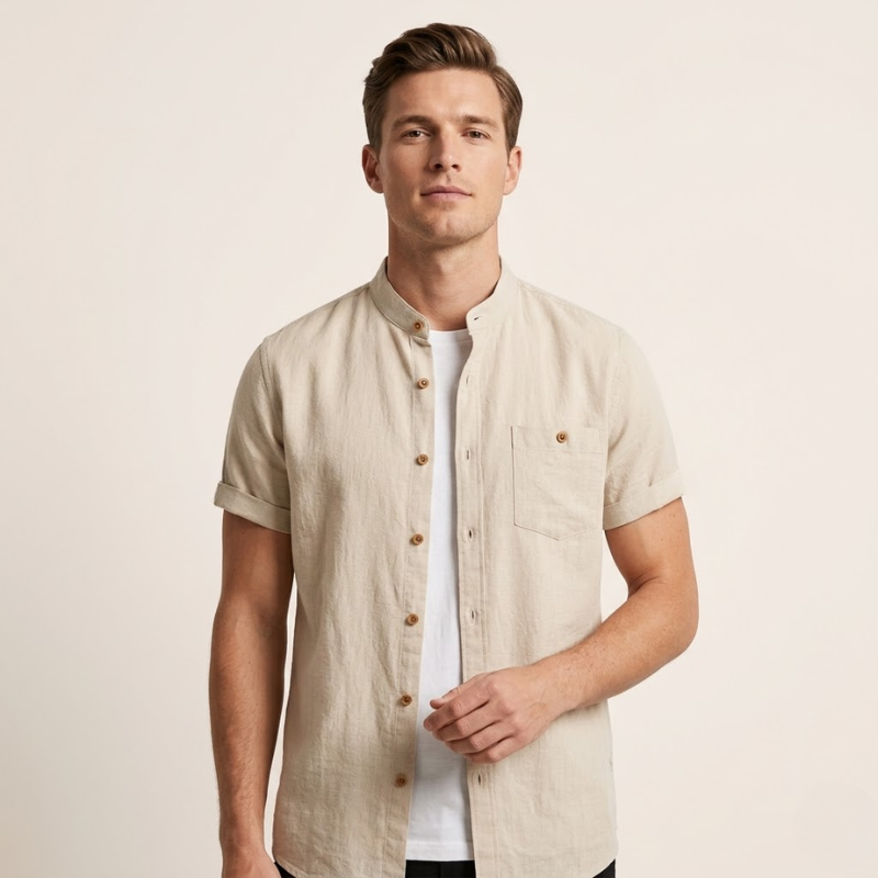 Men's relaxed-fit button-up shirt with stand collar and short sleeves