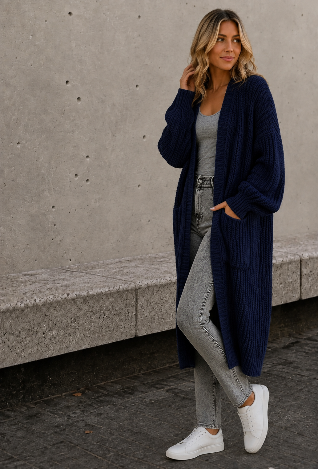 Women's navy blue long knitted cardigan with open front
