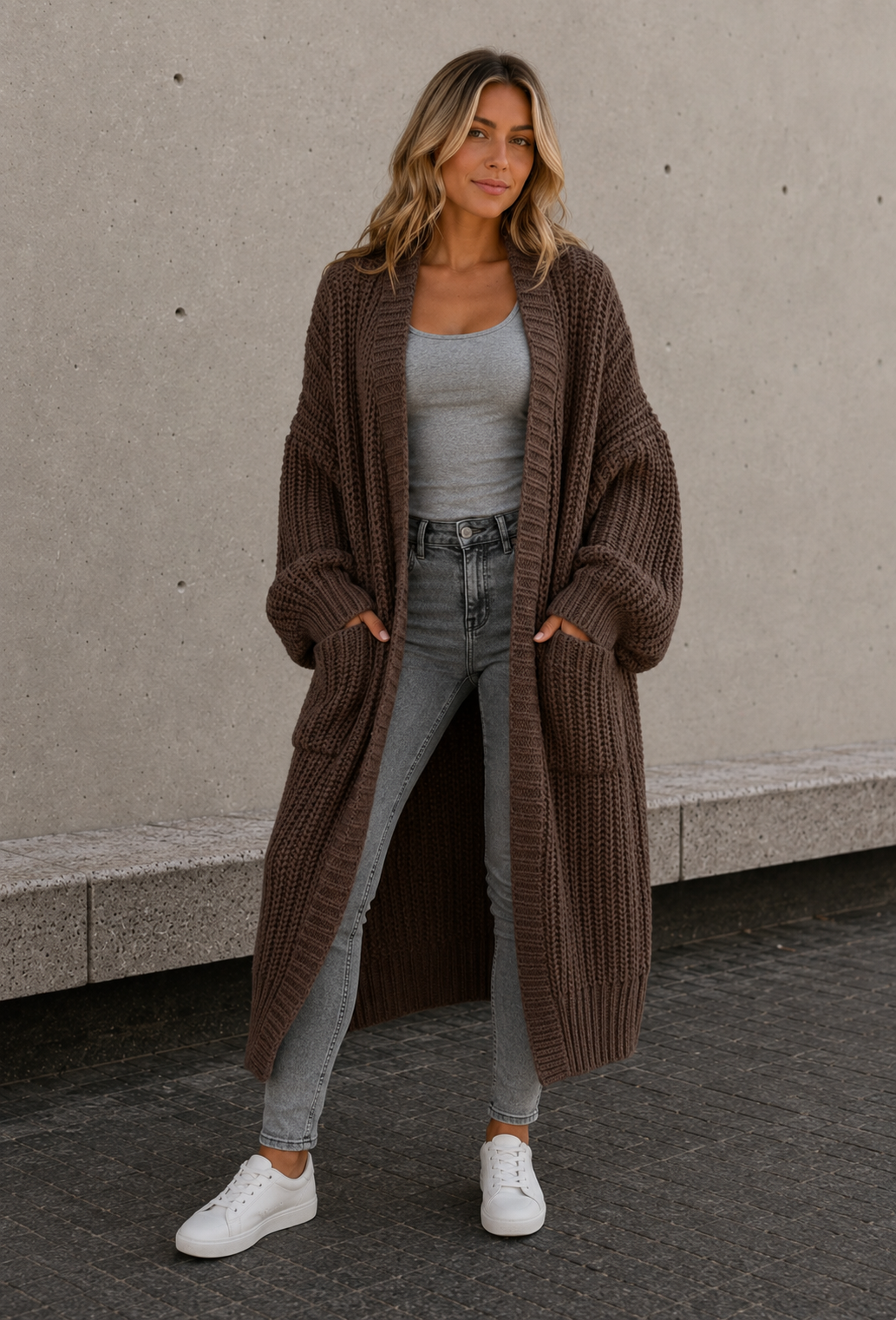 Women's brown knitted cardigan with open front