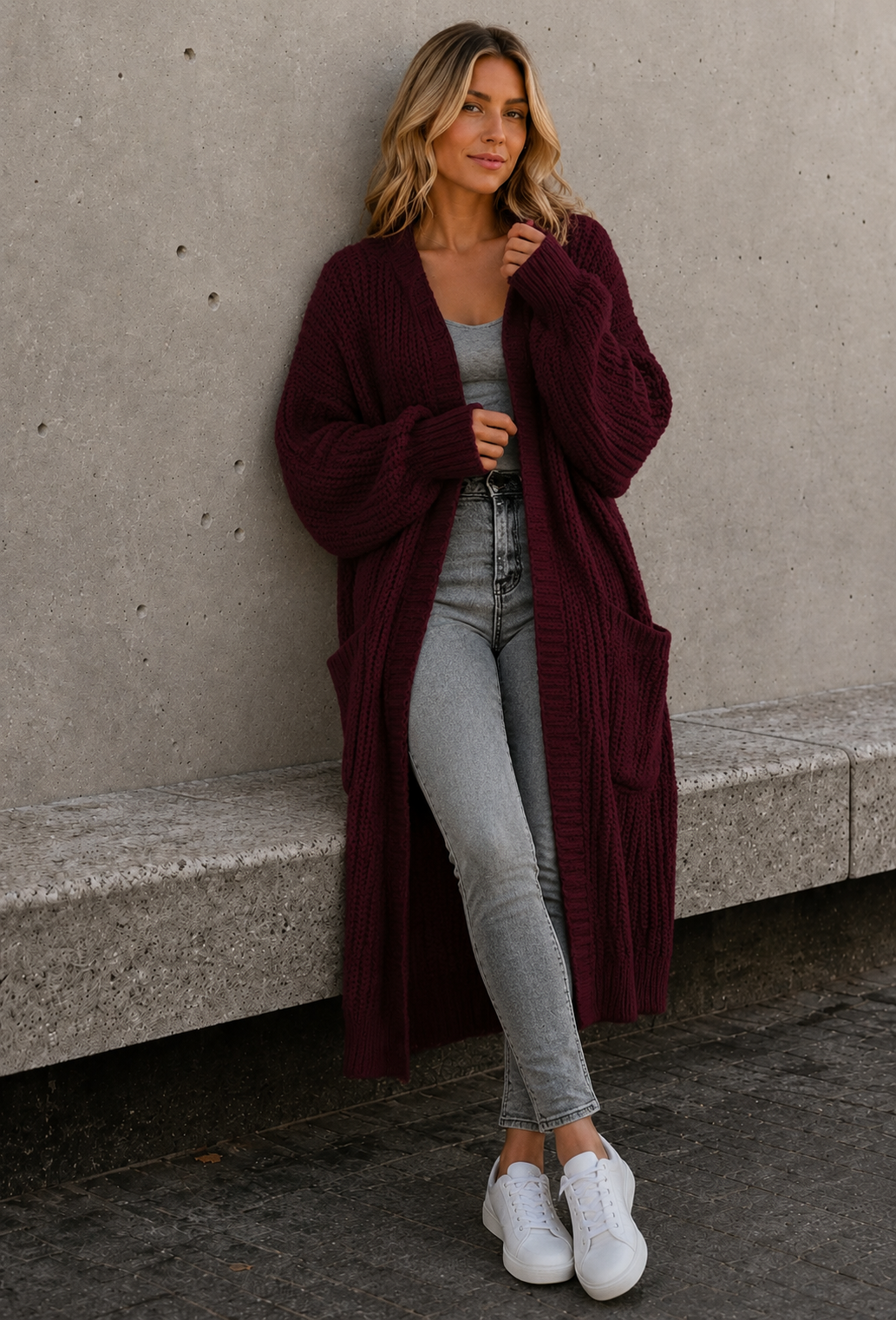 Women's burgundy long knitted cardigan with open front