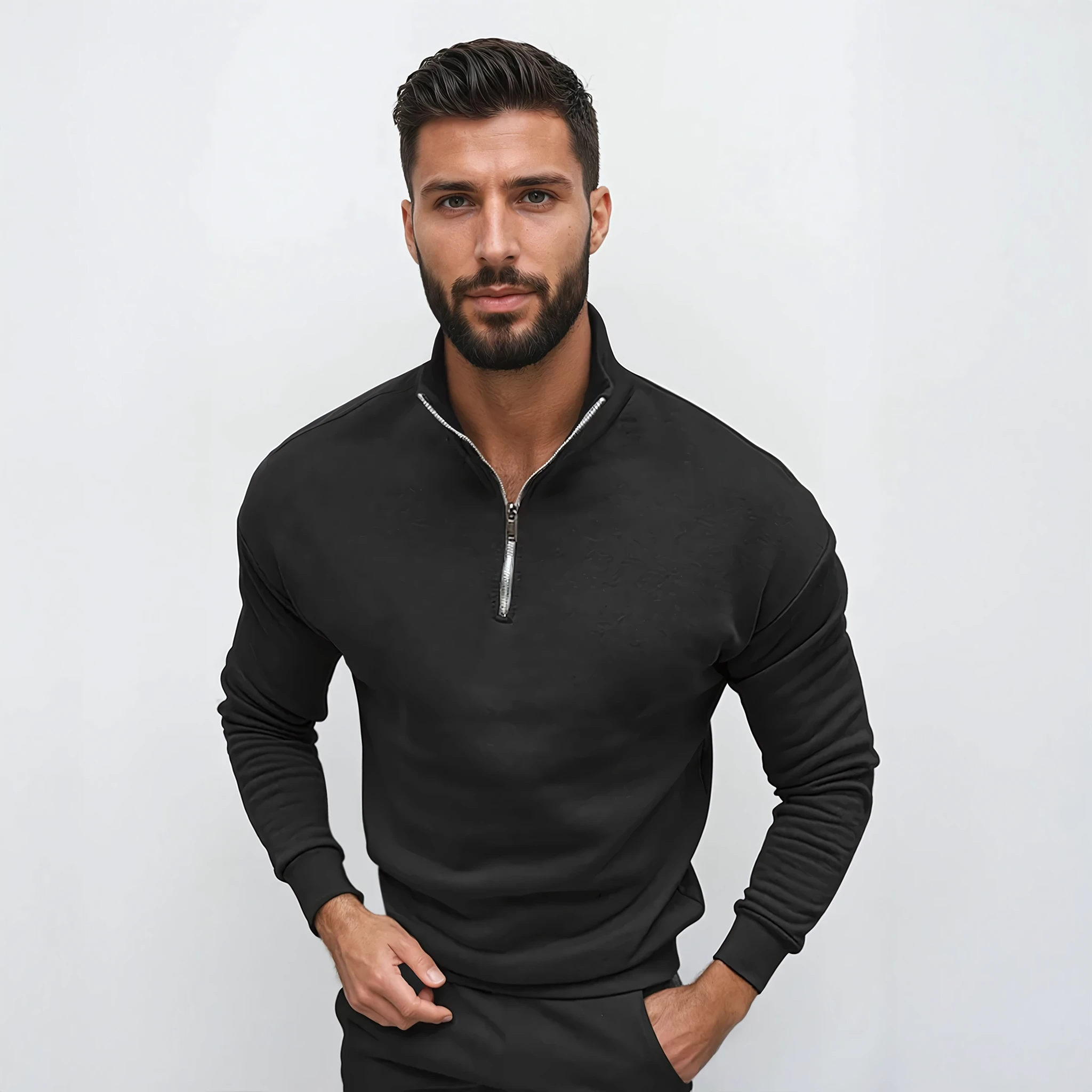 Half-zip knitted sweater for men with long sleeves and ribbed cuffs